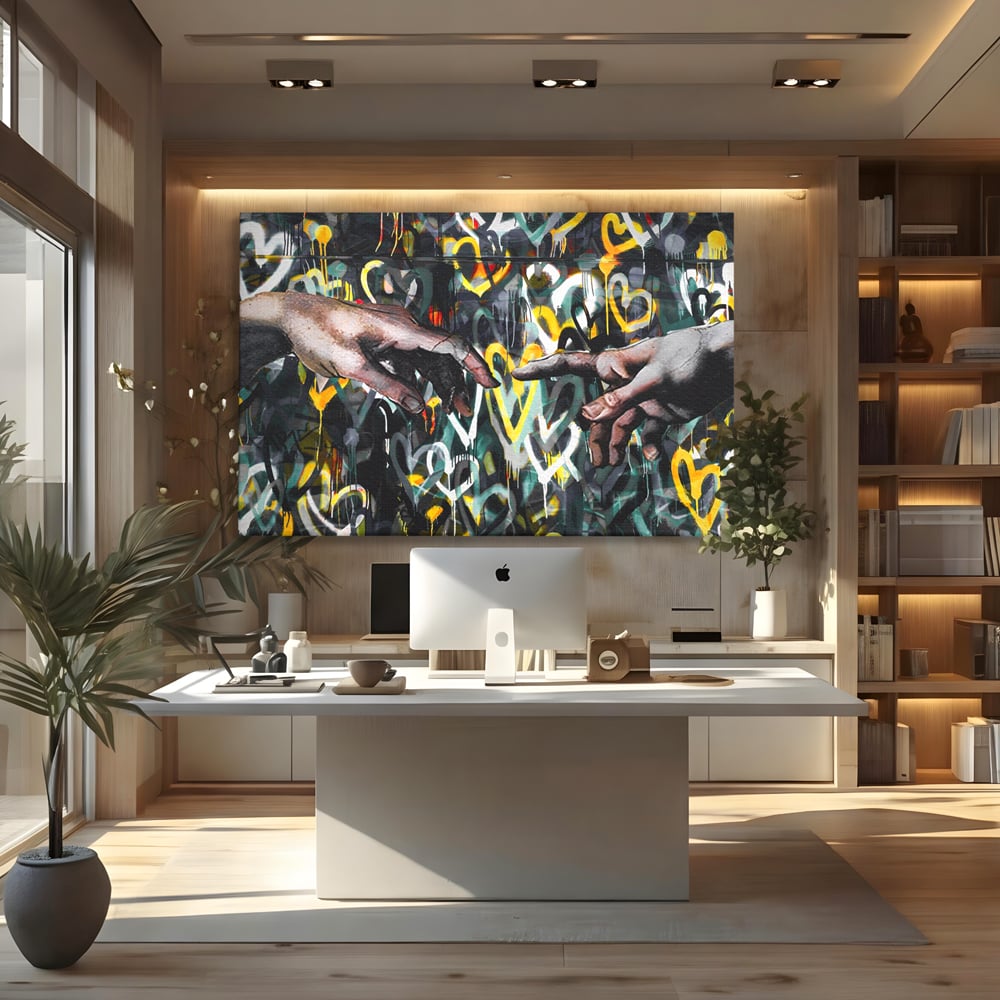 Tablou canvas cu tablou canvas cu maini si inimi, fara rama, pe sasiu de lemn, pe perete intr-un birou